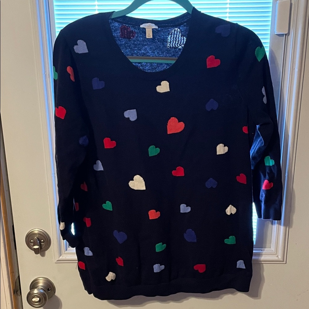 Talbots Black Crew Neck Sweater with Colorful Hearts